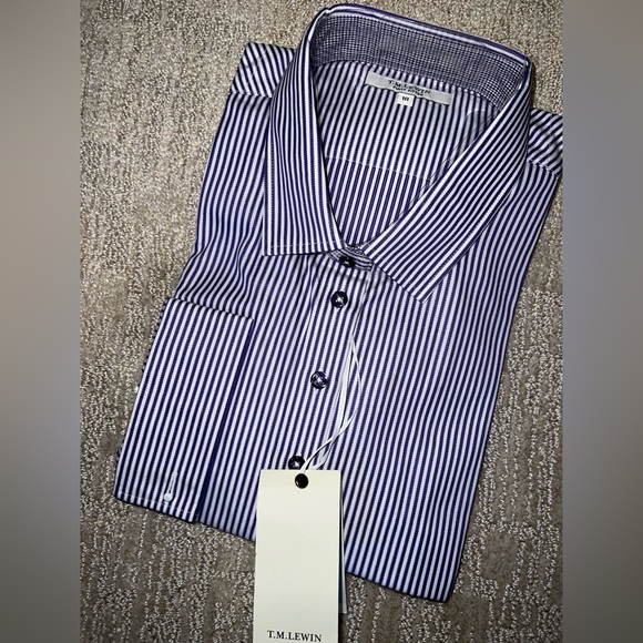 TM Lewin Purple & White Striped Fully Fitted Button Down Shirt - UK 18; US 16 - Picture 5 of 12
